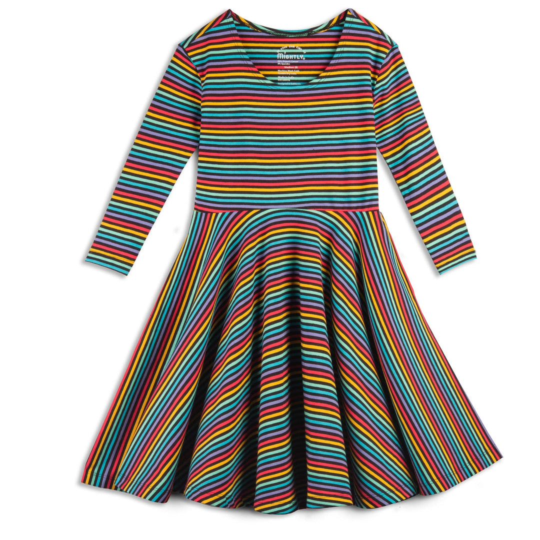 Girls Organic Cotton 3/4 Sleeve Twirl Dress: Jewel Stripe