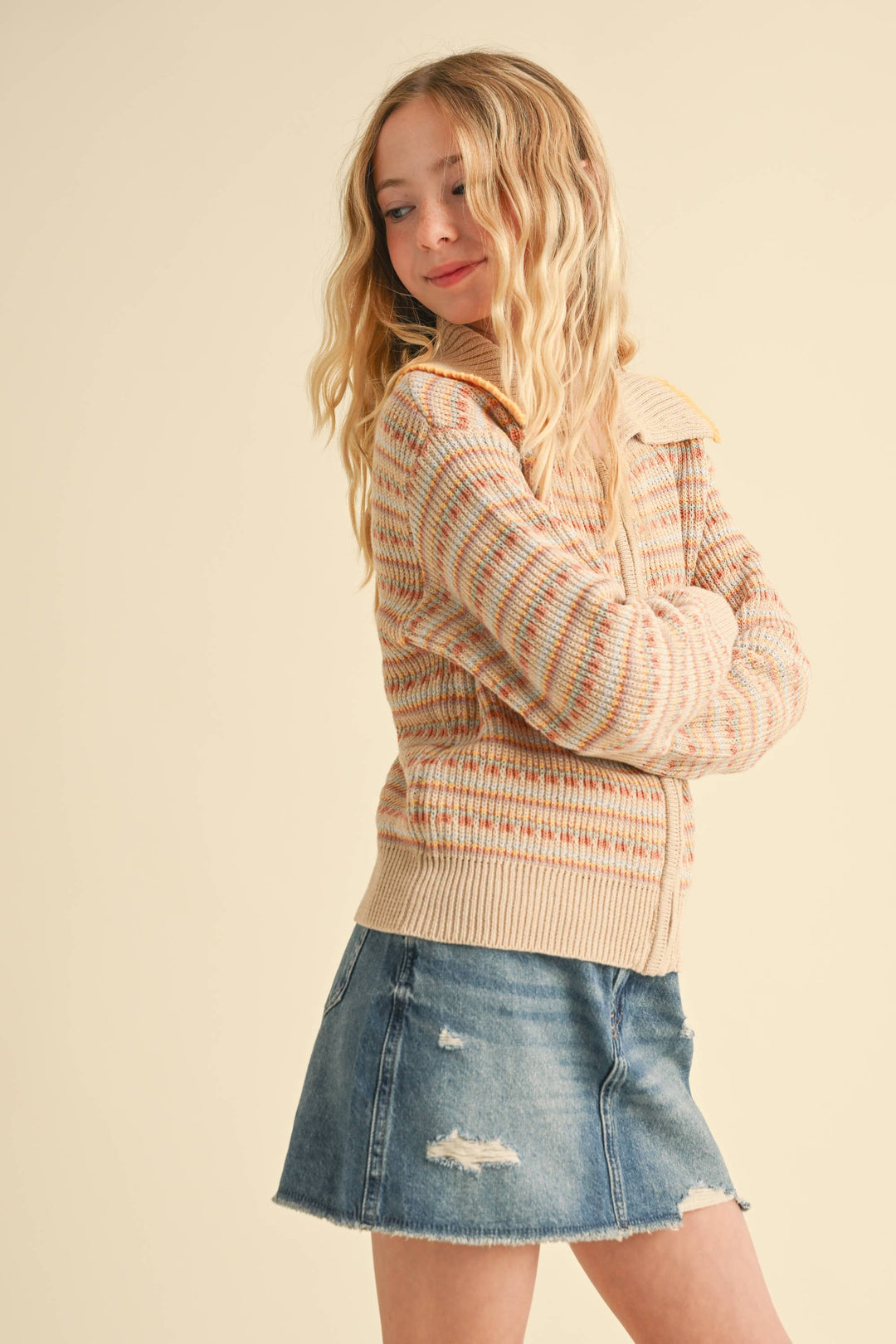 TWEEN GIRLS KIDS SAILOR COLLAR ZIP UP KNIT JACKET (7-14)