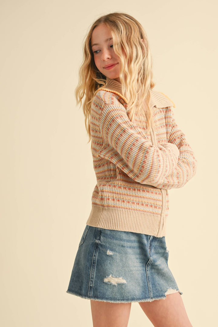 TWEEN GIRLS KIDS SAILOR COLLAR ZIP UP KNIT JACKET (7-14)