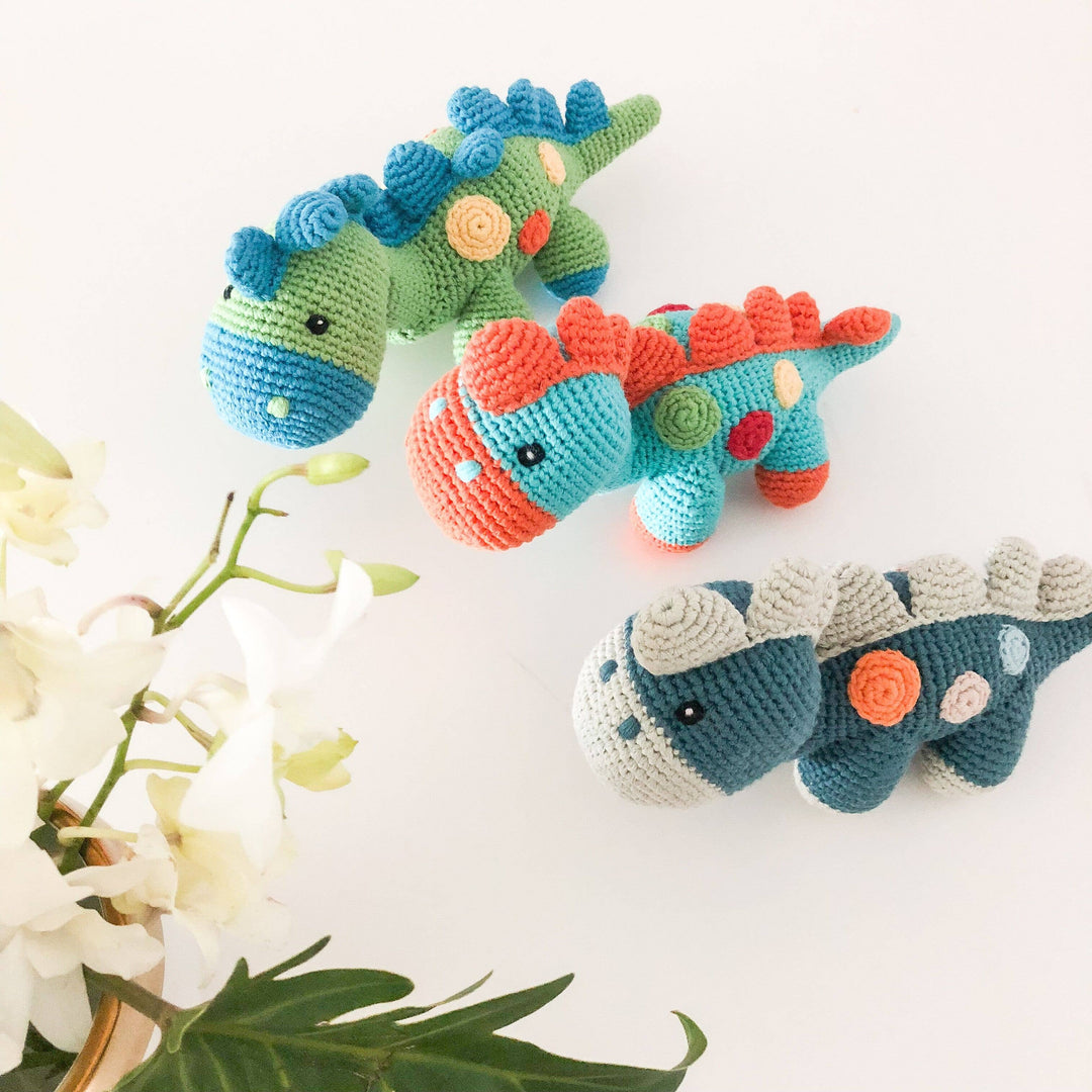 Handmade Stegosaurus Baby Rattle | Organic Cotton | Blue