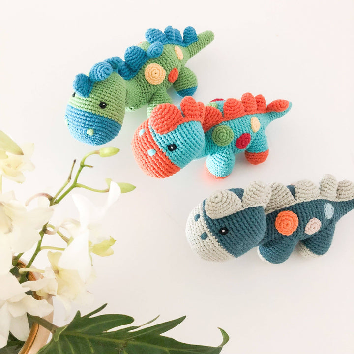 Handmade Stegosaurus Baby Rattle | Organic Cotton | Blue