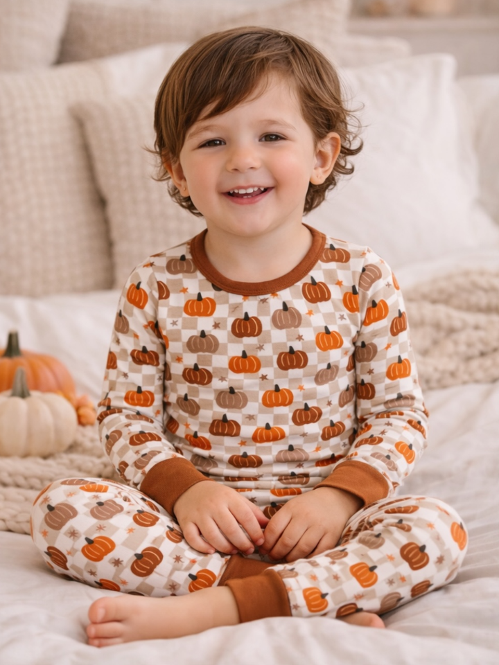 Long Sleeve 2-Piece Set, Pumpkin Checkerboard