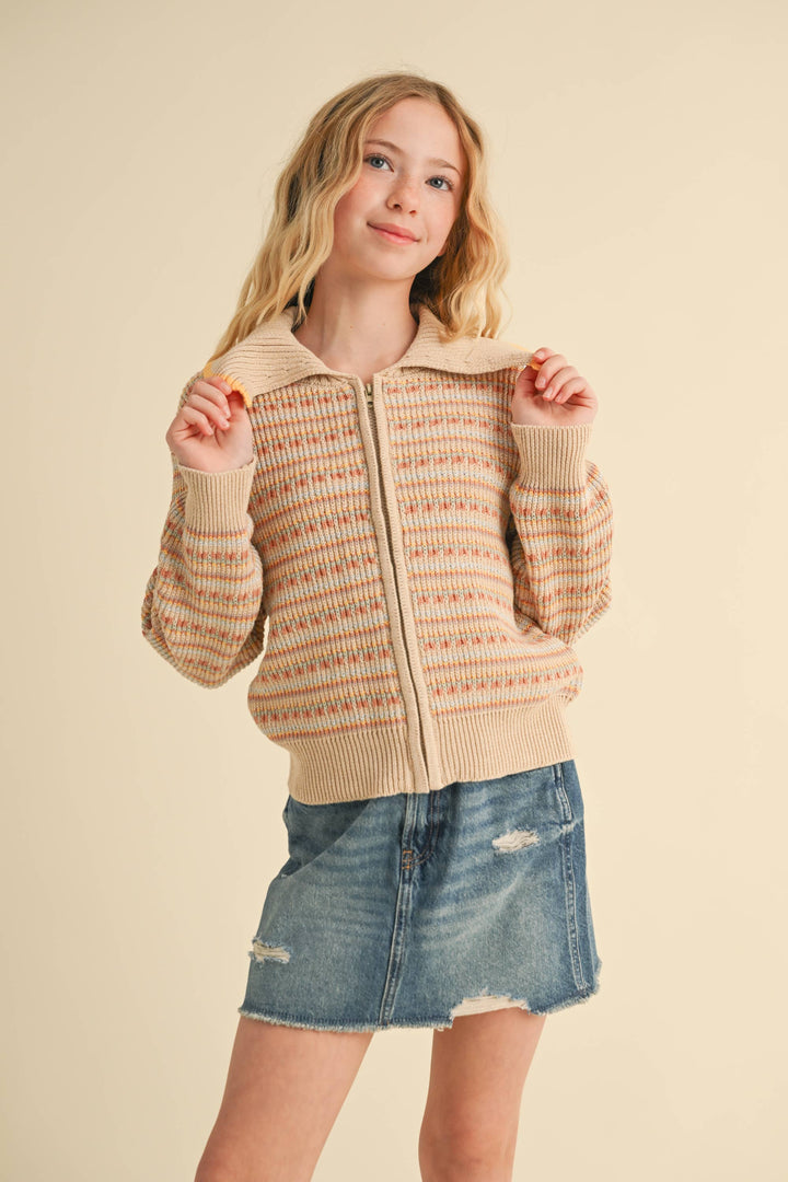 TWEEN GIRLS KIDS SAILOR COLLAR ZIP UP KNIT JACKET (7-14)