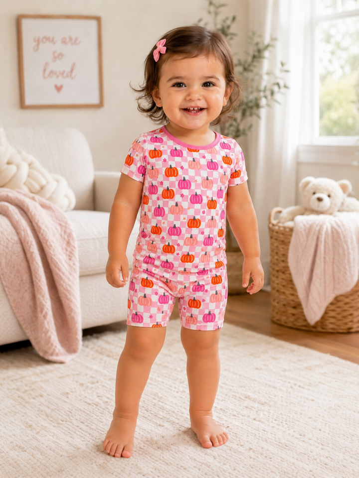 Short Sleeve 2-Piece Set, Pumpkin Checkerboard Pink