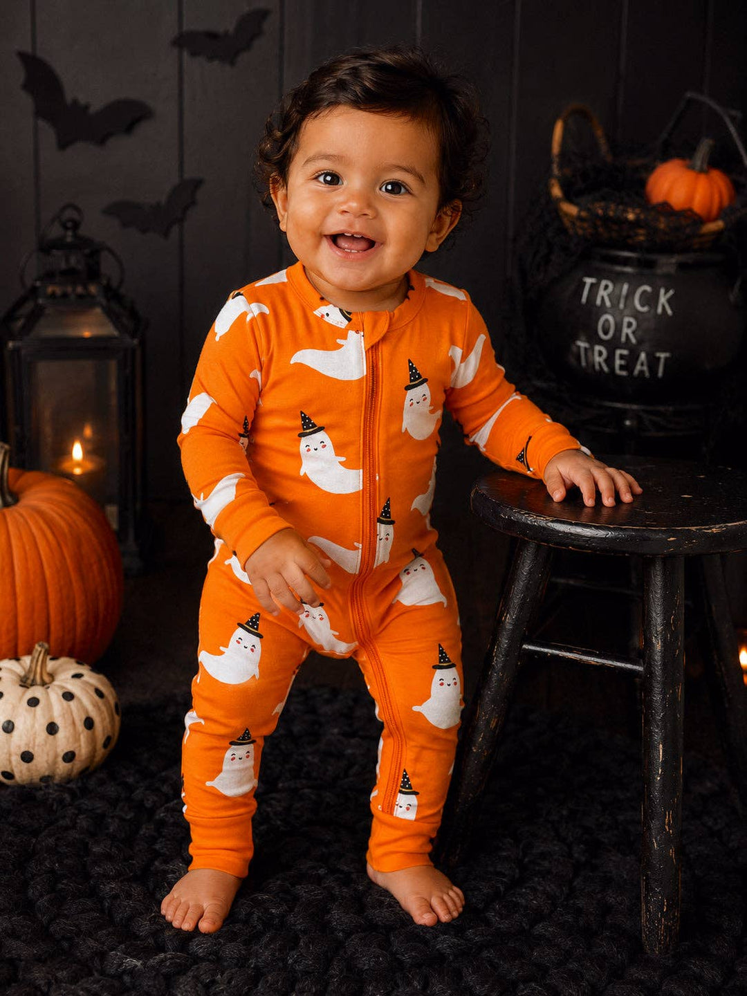 2-Way Convertible Zip Romper, Orange Ghost