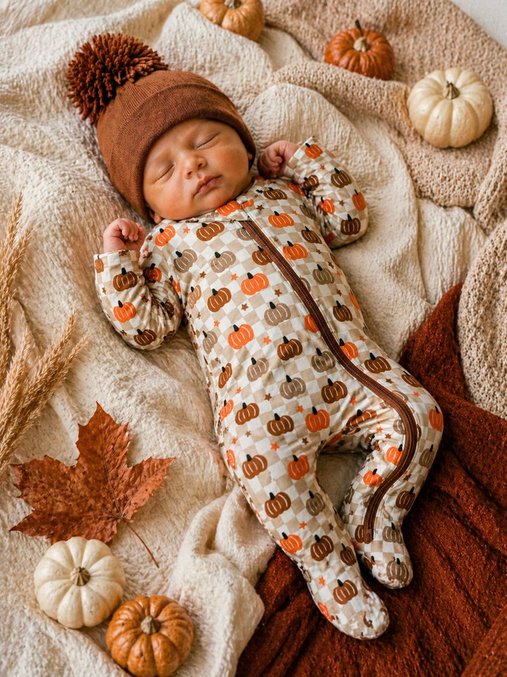 2-Way Zip Footie, Pumpkin Checkerboard