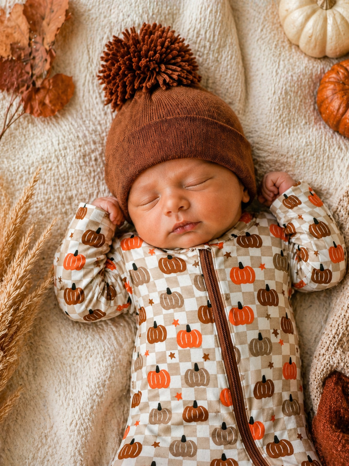 2-Way Zip Footie, Pumpkin Checkerboard