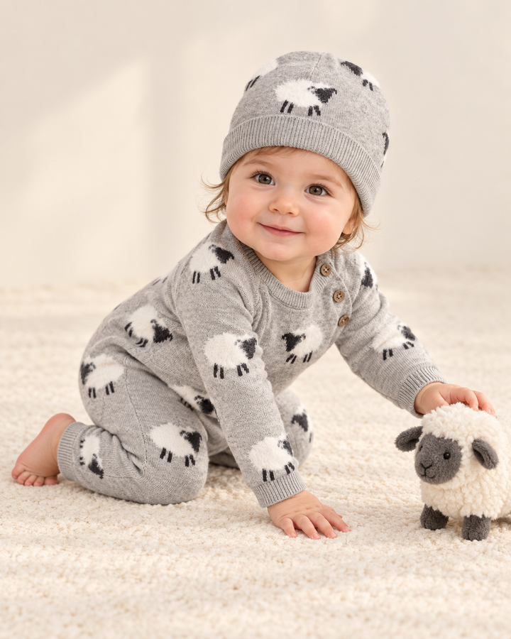 Furry Sheep 3D Jacquard Sweater Knit Baby Jumpsuit (Organic)