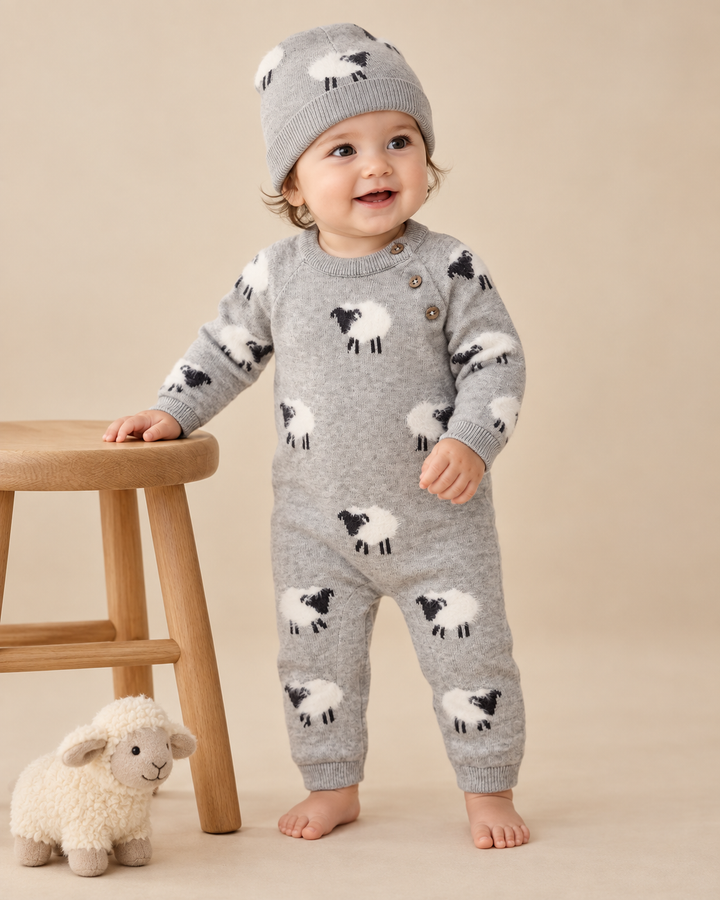 Furry Sheep 3D Jacquard Sweater Knit Baby Jumpsuit (Organic)