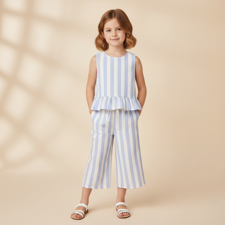 Organic Ruffle Top & Pants Set - Blue Stripes