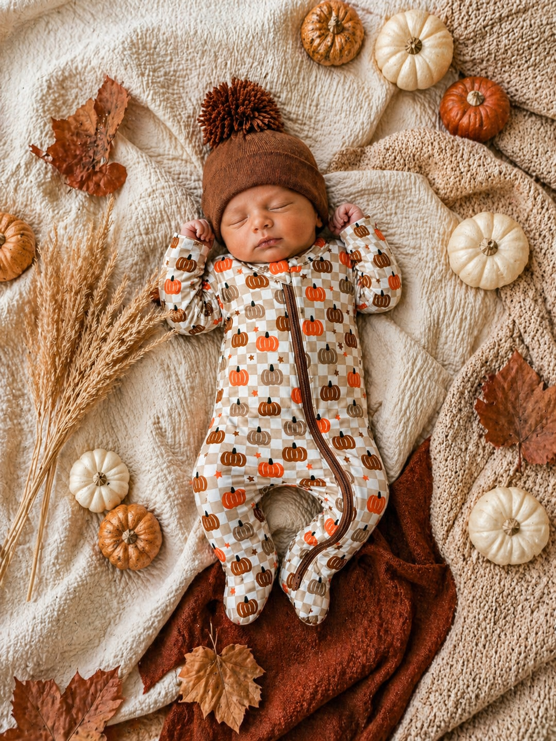 2-Way Zip Footie, Pumpkin Checkerboard