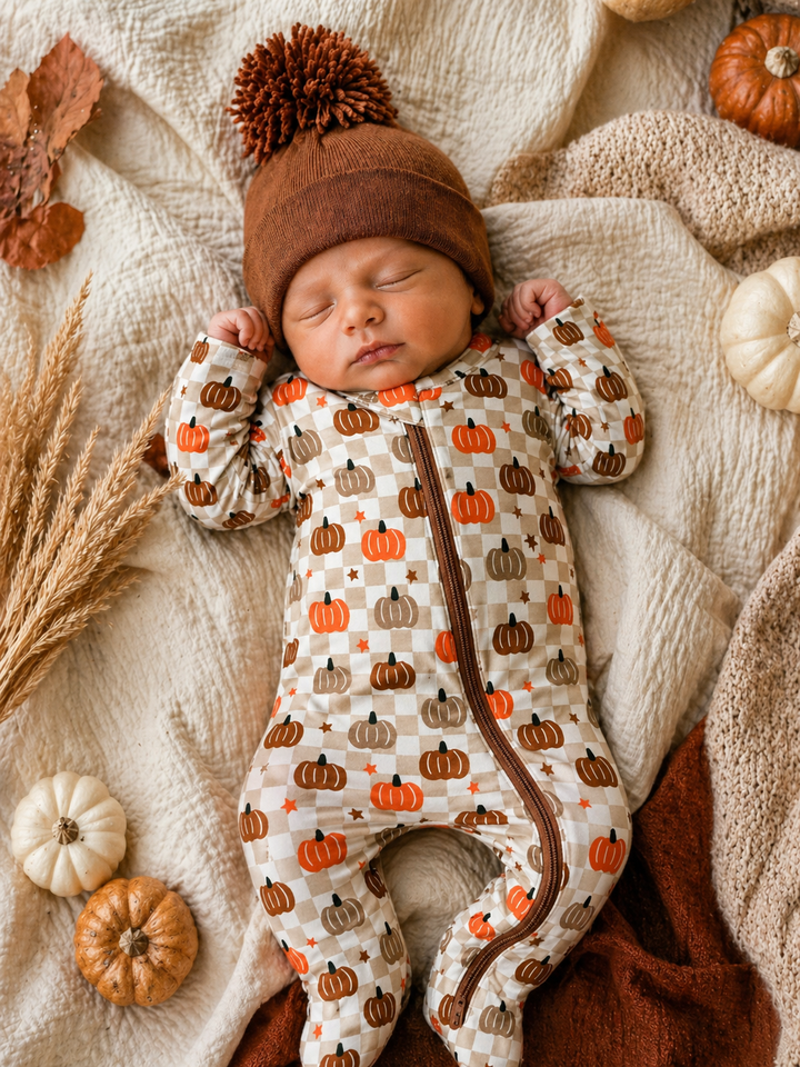 2-Way Zip Footie, Pumpkin Checkerboard