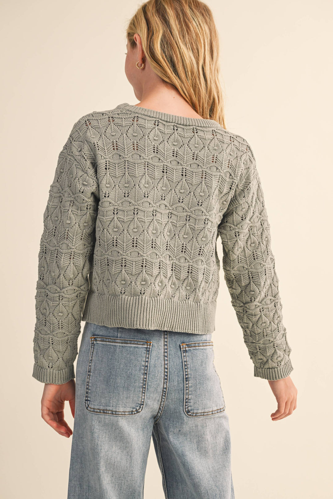 TWEEN GIRLS KIDS CREW NECK WAVY POINTELLE L/S SWEATER (7-14)