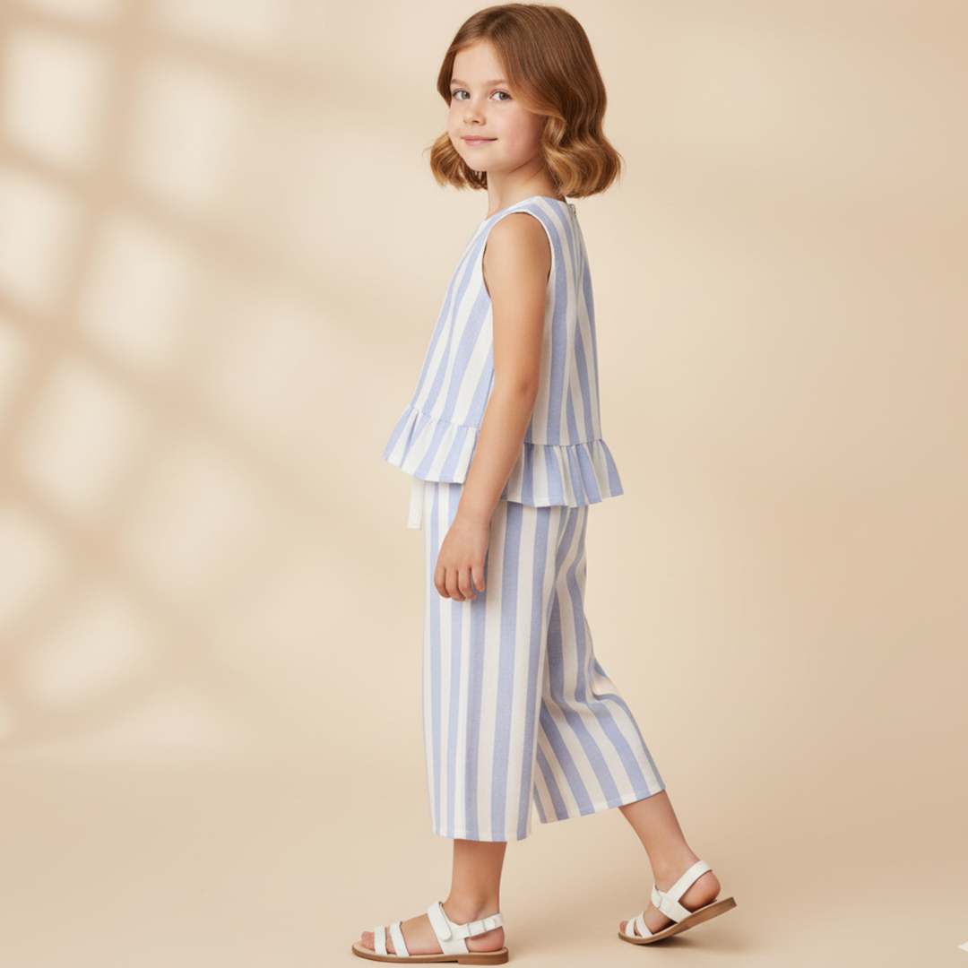 Organic Ruffle Top & Pants Set - Blue Stripes