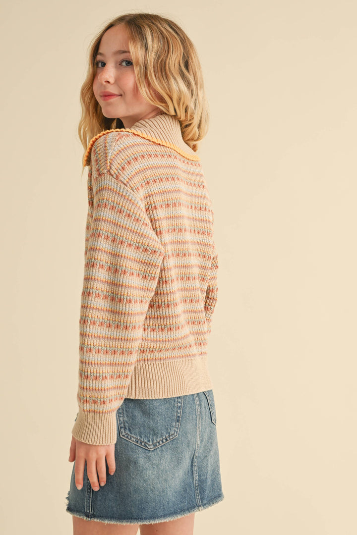 TWEEN GIRLS KIDS SAILOR COLLAR ZIP UP KNIT JACKET (7-14)