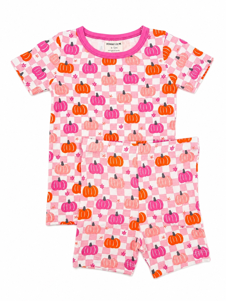 Short Sleeve 2-Piece Set, Pumpkin Checkerboard Pink
